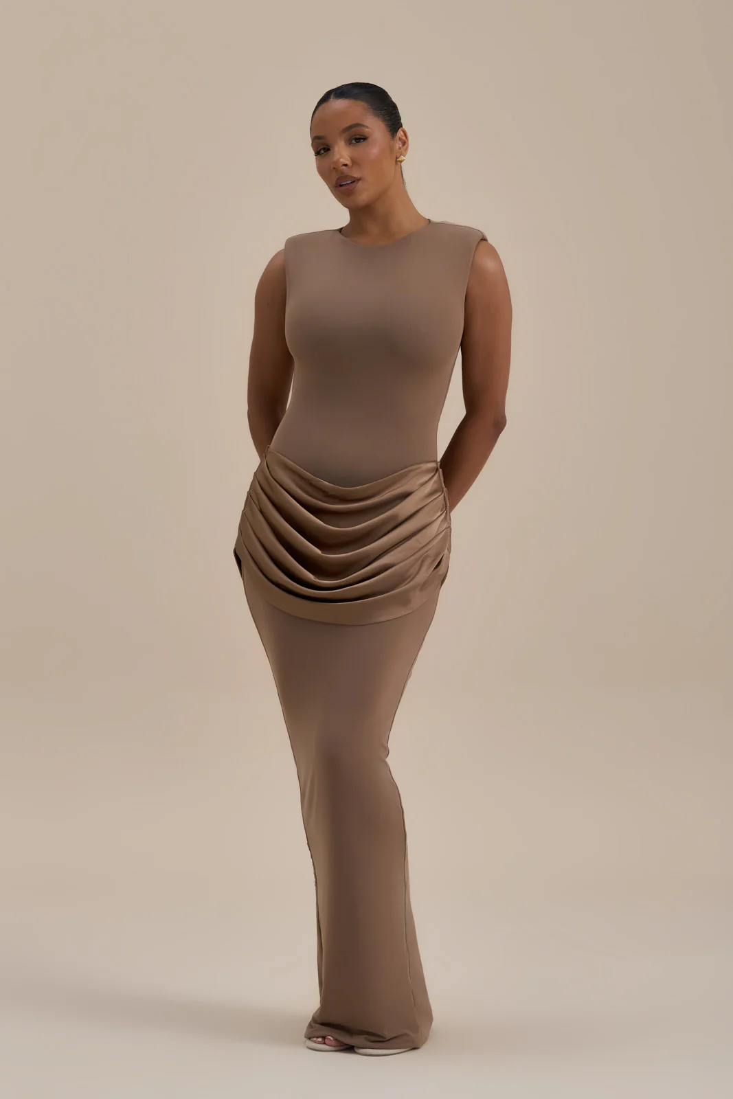 EMAN SLEEVELESS MAXI DRESS WITH SATIN DRAPED WAIST DETAIL | MOCHA MOUSSE - Image 6