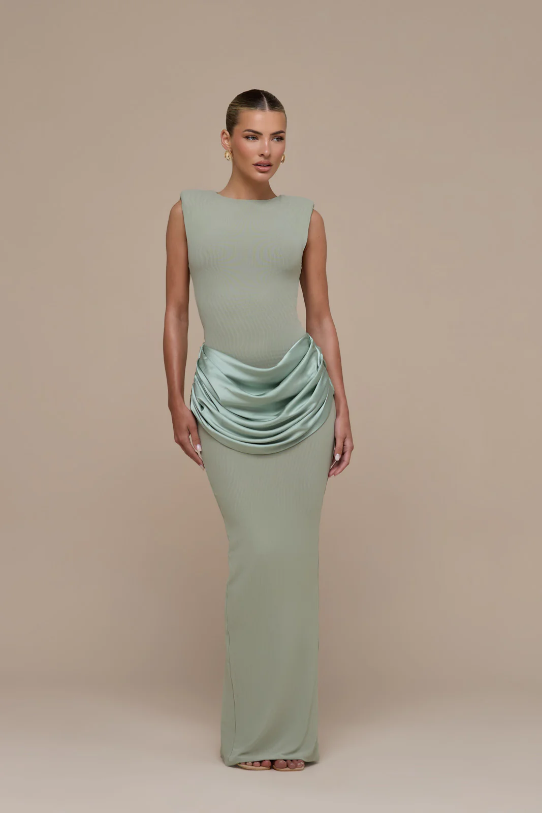 EMAN SLEEVELESS MAXI DRESS WITH SATIN DRAPED WAIST DETAIL | SAGE