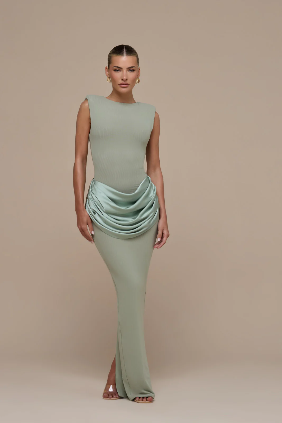 EMAN SLEEVELESS MAXI DRESS WITH SATIN DRAPED WAIST DETAIL | SAGE - Image 10