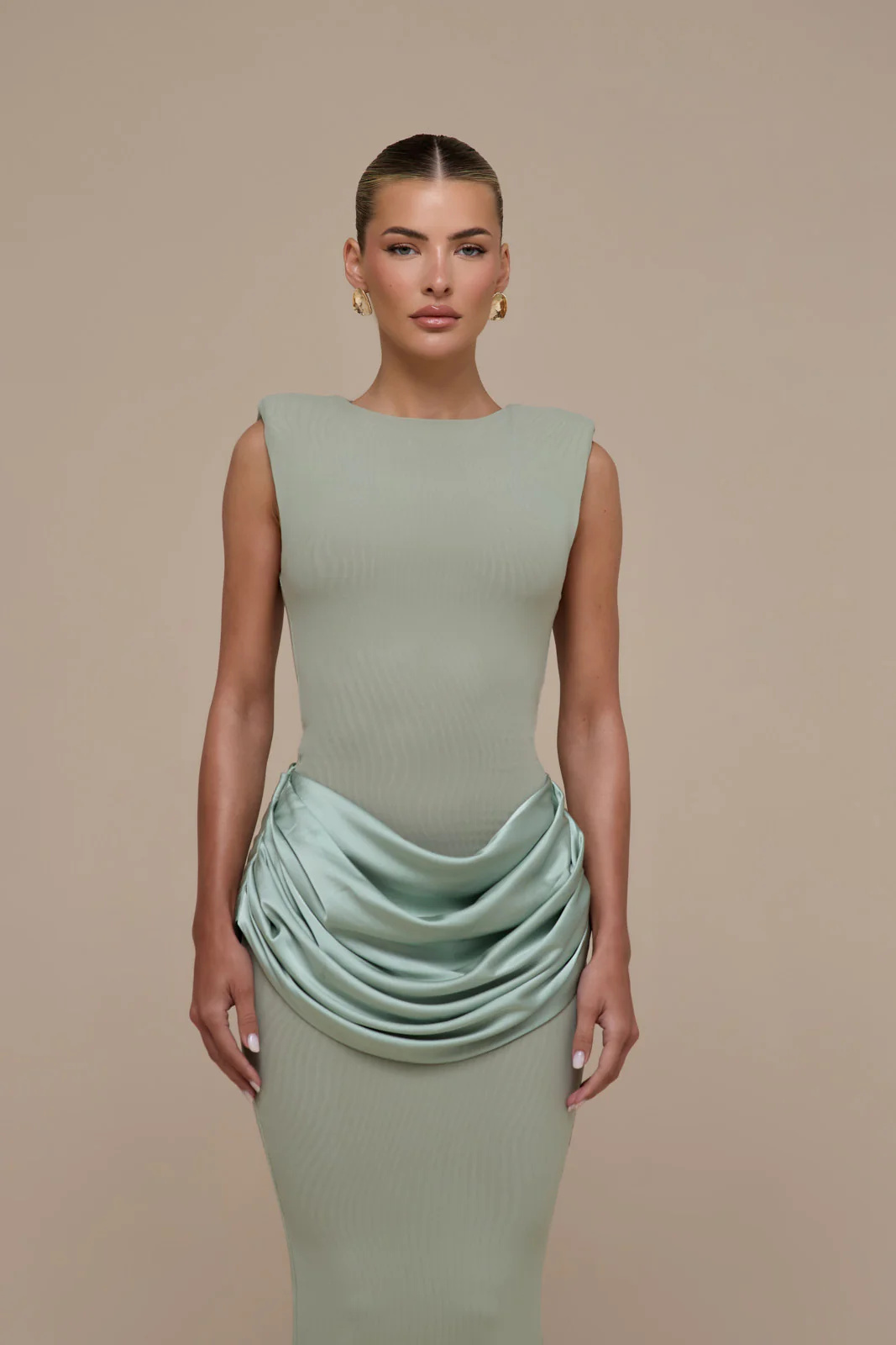 EMAN SLEEVELESS MAXI DRESS WITH SATIN DRAPED WAIST DETAIL | SAGE - Image 11