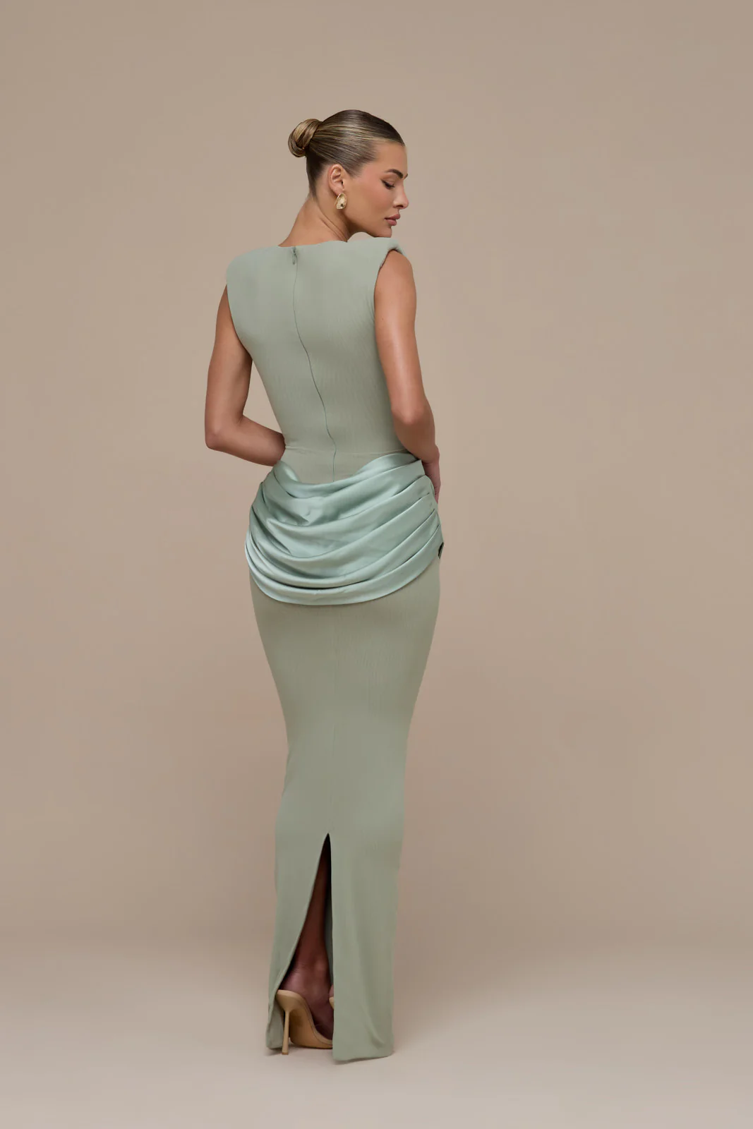 EMAN SLEEVELESS MAXI DRESS WITH SATIN DRAPED WAIST DETAIL | SAGE - Image 13