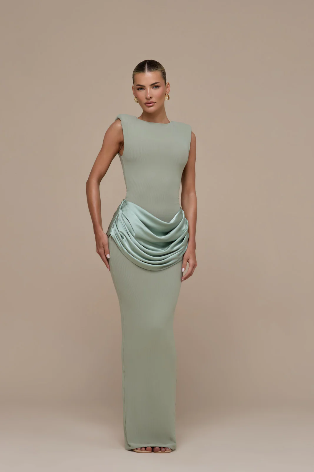EMAN SLEEVELESS MAXI DRESS WITH SATIN DRAPED WAIST DETAIL | SAGE - Image 2