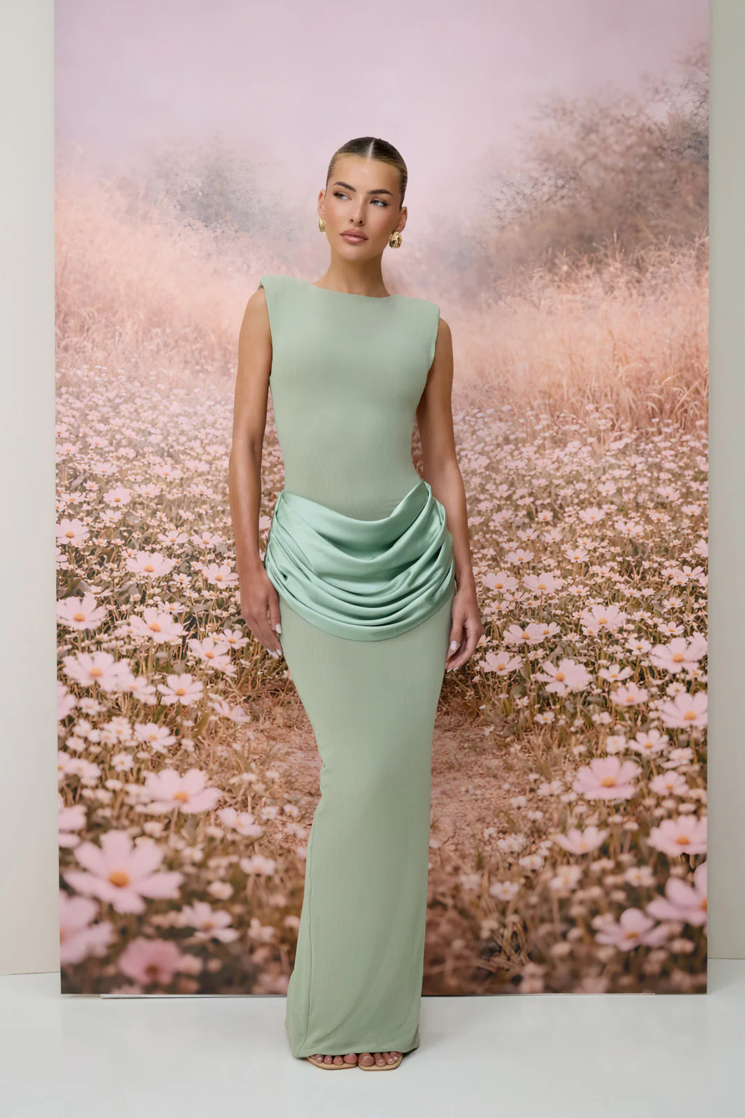 EMAN SLEEVELESS MAXI DRESS WITH SATIN DRAPED WAIST DETAIL | SAGE - Image 3