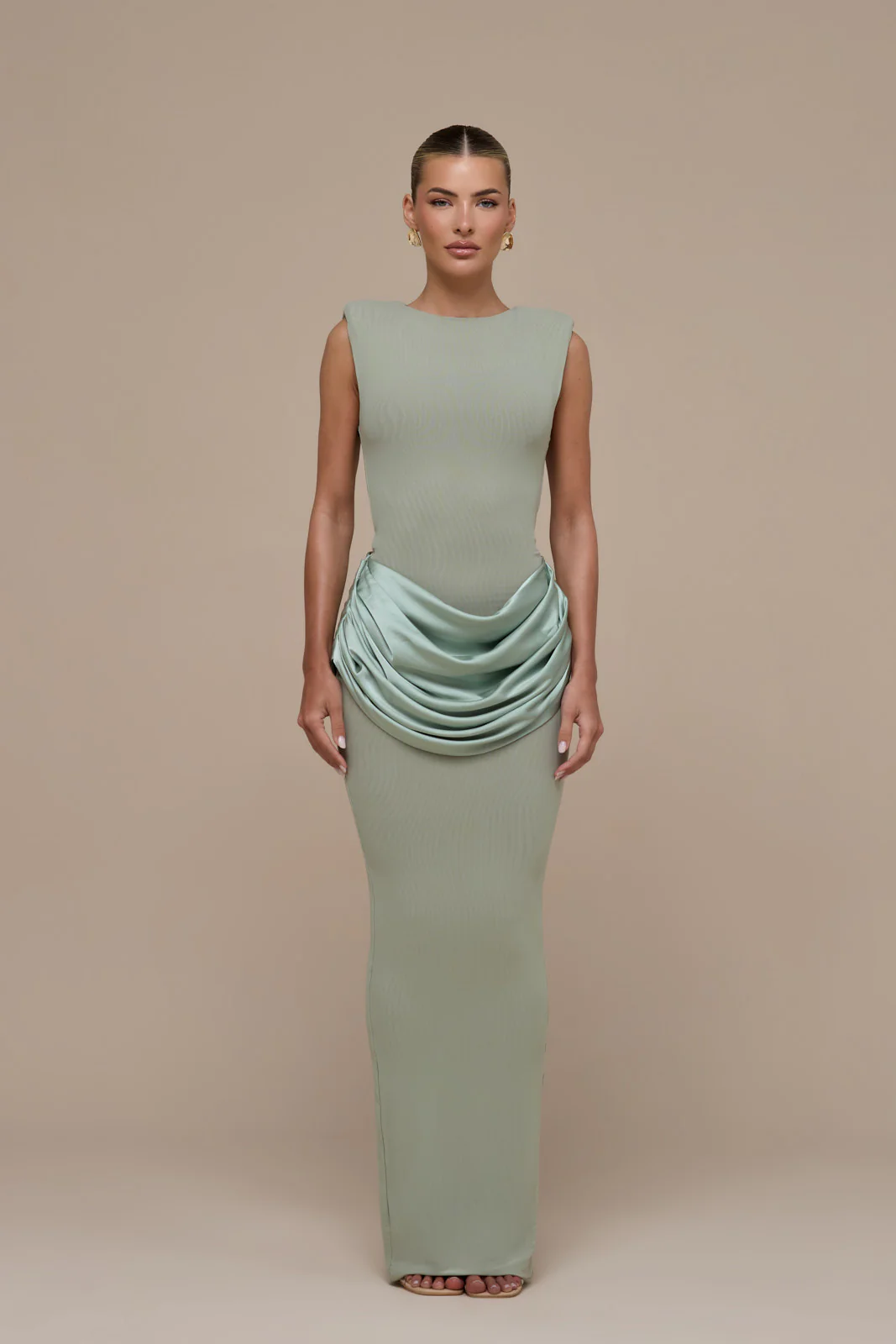 EMAN SLEEVELESS MAXI DRESS WITH SATIN DRAPED WAIST DETAIL | SAGE - Image 4