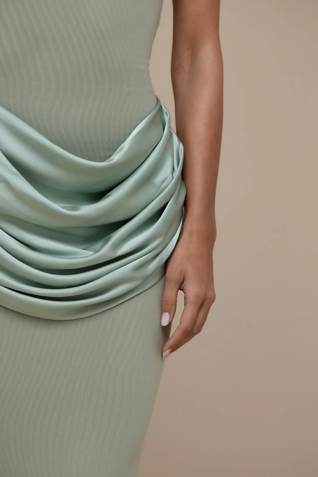 EMAN SLEEVELESS MAXI DRESS WITH SATIN DRAPED WAIST DETAIL | SAGE - Image 5