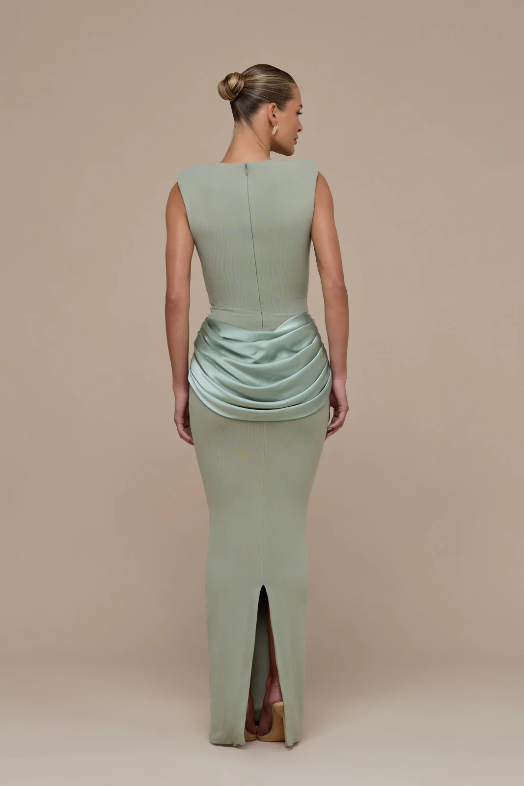 EMAN SLEEVELESS MAXI DRESS WITH SATIN DRAPED WAIST DETAIL | SAGE - Image 6