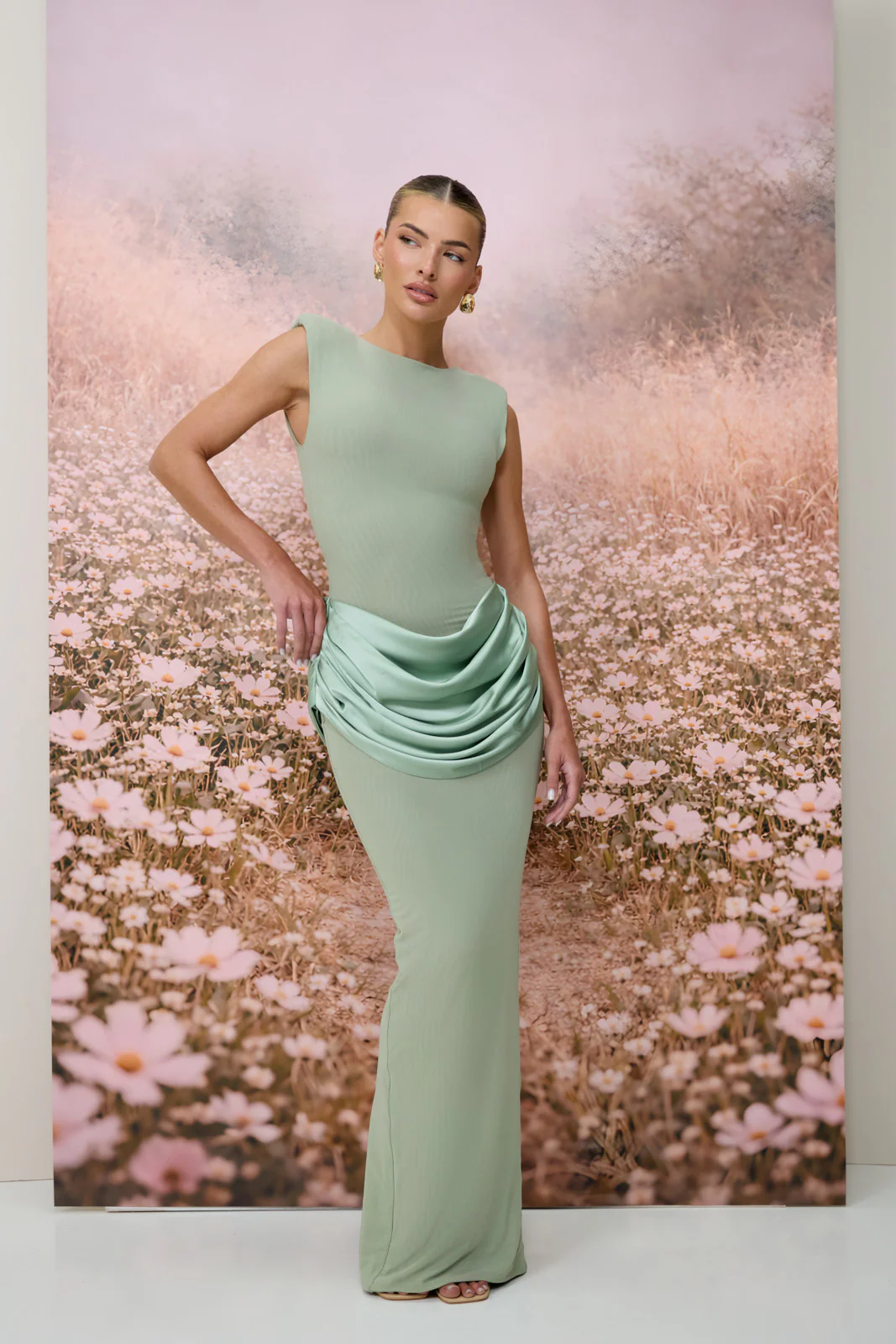 EMAN SLEEVELESS MAXI DRESS WITH SATIN DRAPED WAIST DETAIL | SAGE - Image 7