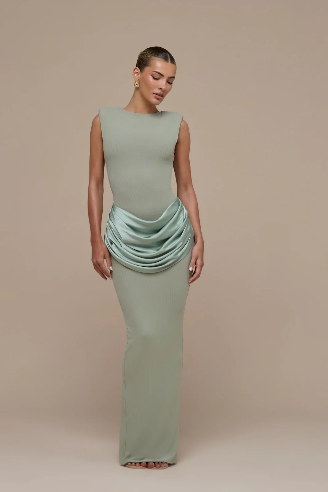 EMAN SLEEVELESS MAXI DRESS WITH SATIN DRAPED WAIST DETAIL | SAGE - Image 8