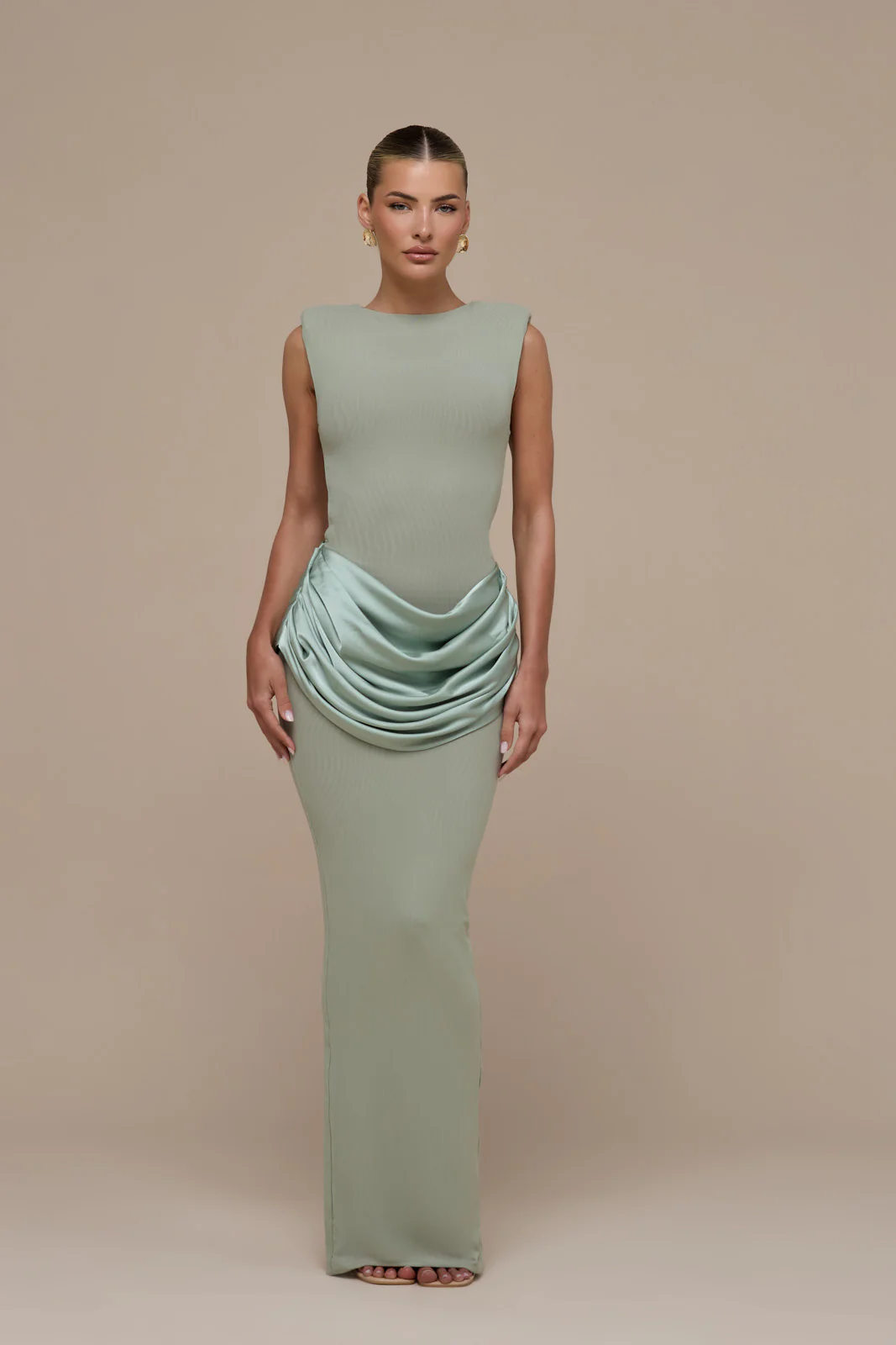 EMAN SLEEVELESS MAXI DRESS WITH SATIN DRAPED WAIST DETAIL | SAGE - Image 9
