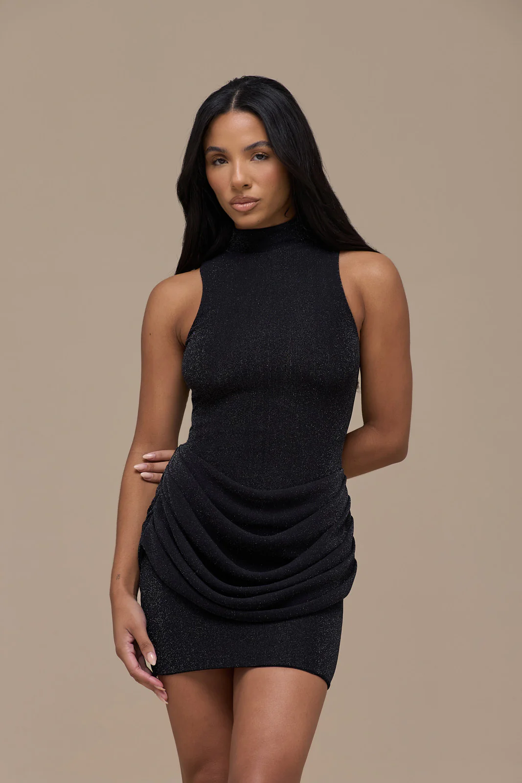 EMILY MINI DRESS EITH DRAPED RUCHED DETAIL | BLACK GLITTER - Image 3