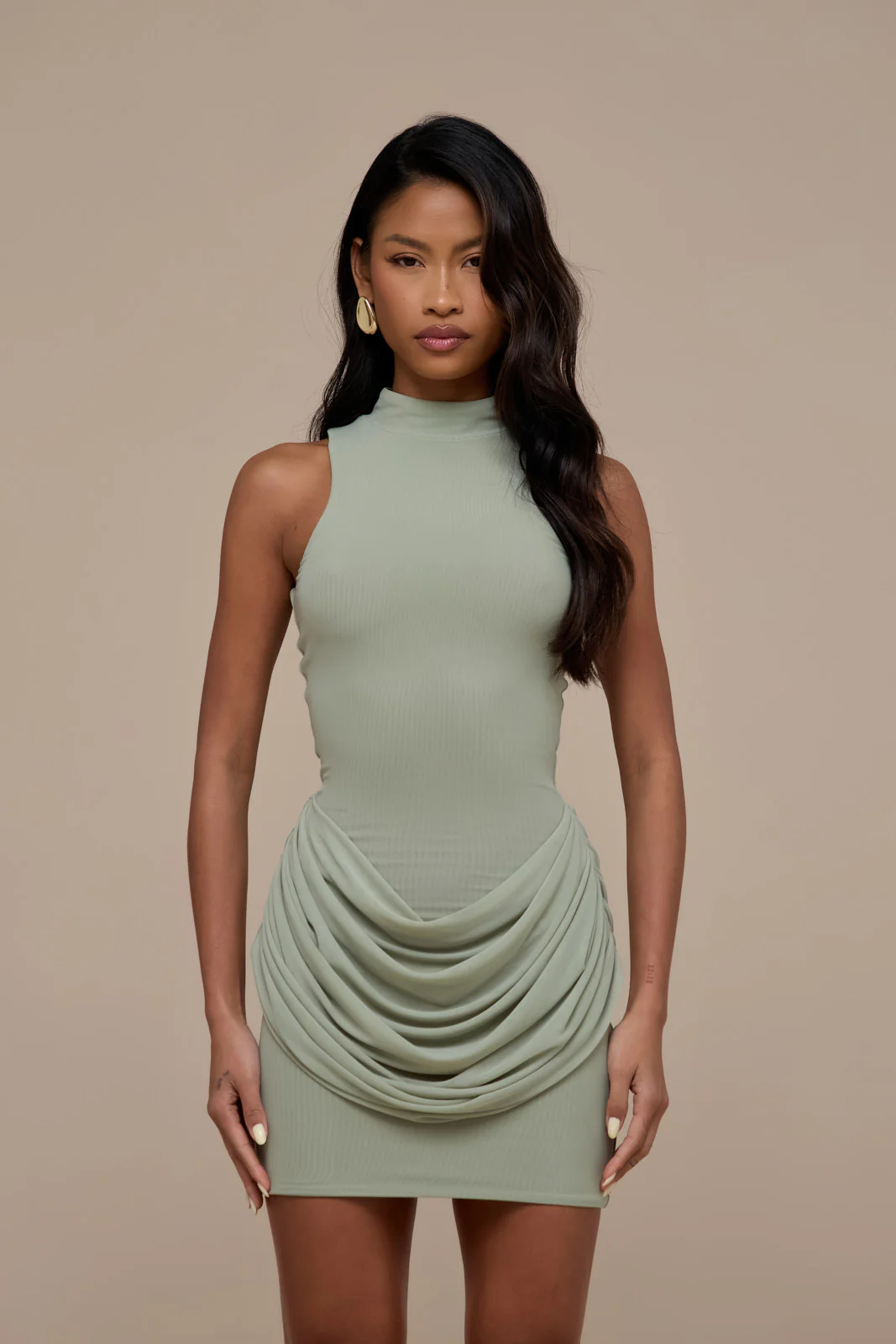 EMILY MINI DRESS WITH DRAPED RUCHED DETAIL | SAGE - Image 10