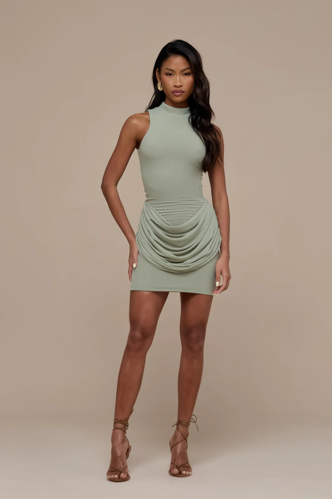 EMILY MINI DRESS WITH DRAPED RUCHED DETAIL | SAGE - Image 6