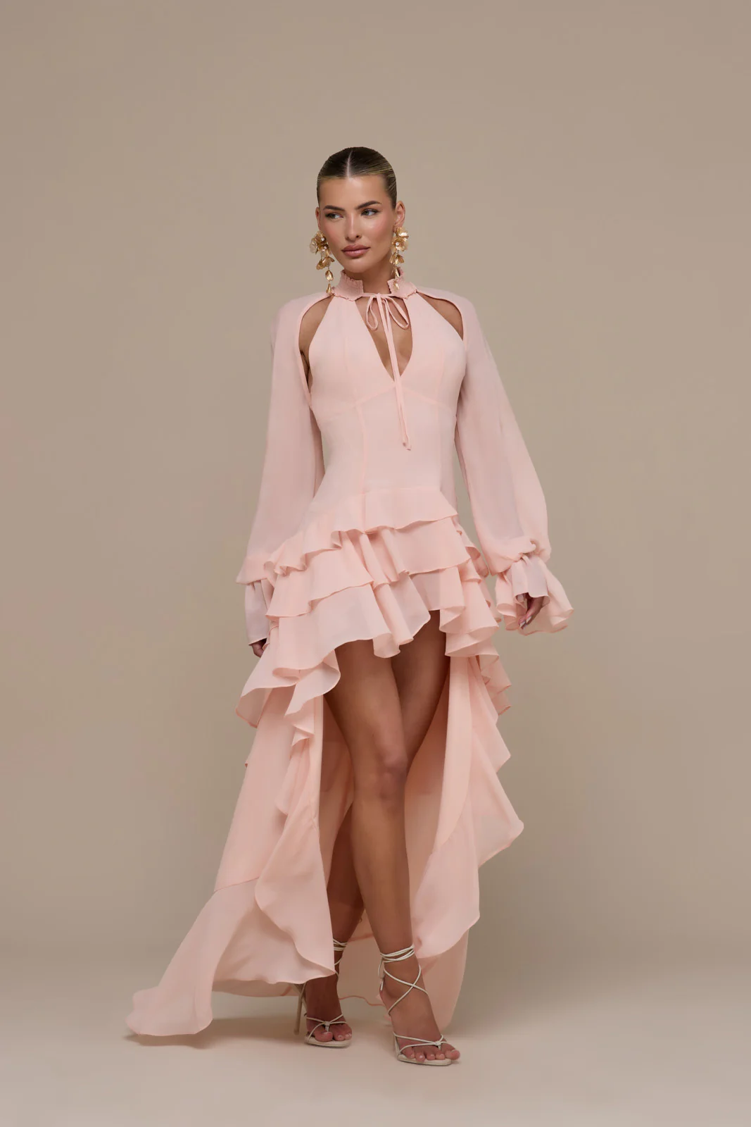 FLEUR LONG SLEEVE TIERED RUFFLE MINI DRESS | BABY PINK - Image 10
