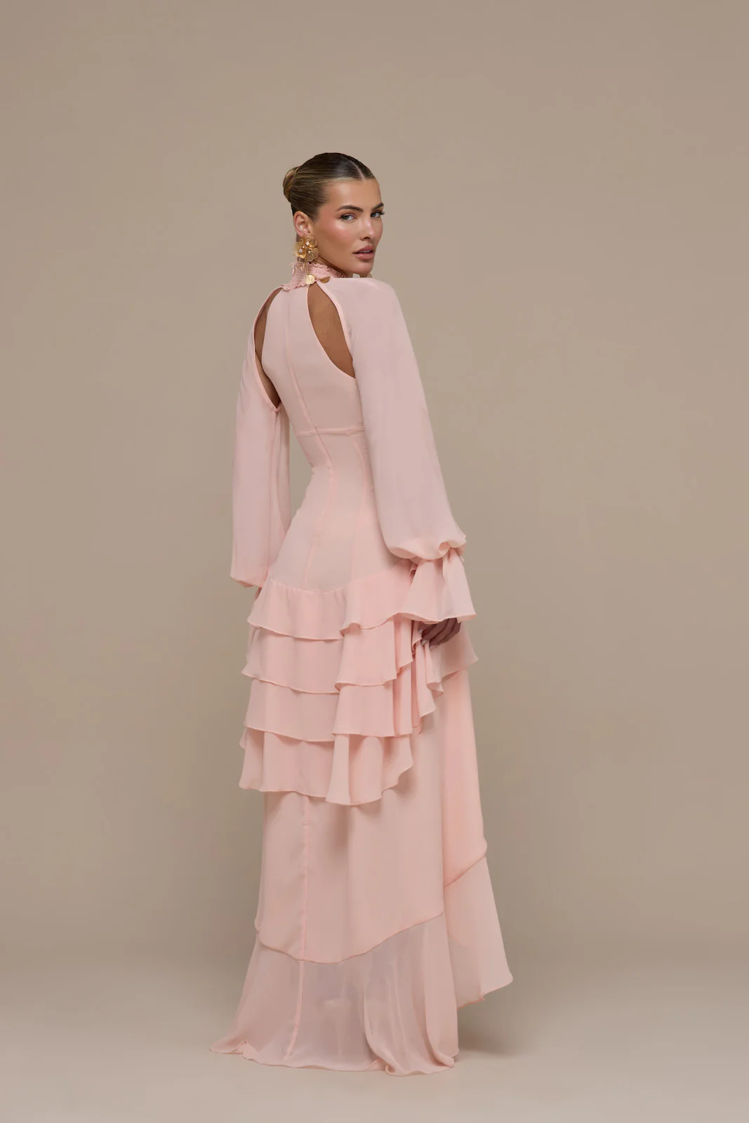 FLEUR LONG SLEEVE TIERED RUFFLE MINI DRESS | BABY PINK - Image 4
