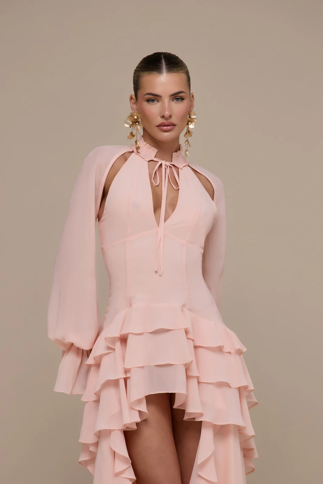FLEUR LONG SLEEVE TIERED RUFFLE MINI DRESS | BABY PINK - Image 5