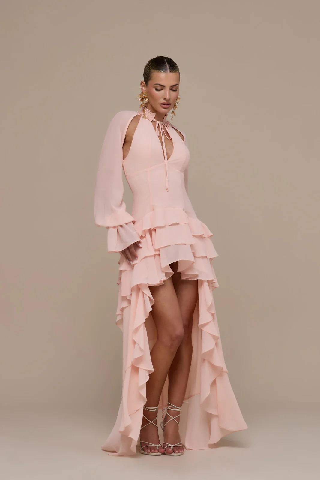 FLEUR LONG SLEEVE TIERED RUFFLE MINI DRESS | BABY PINK - Image 7