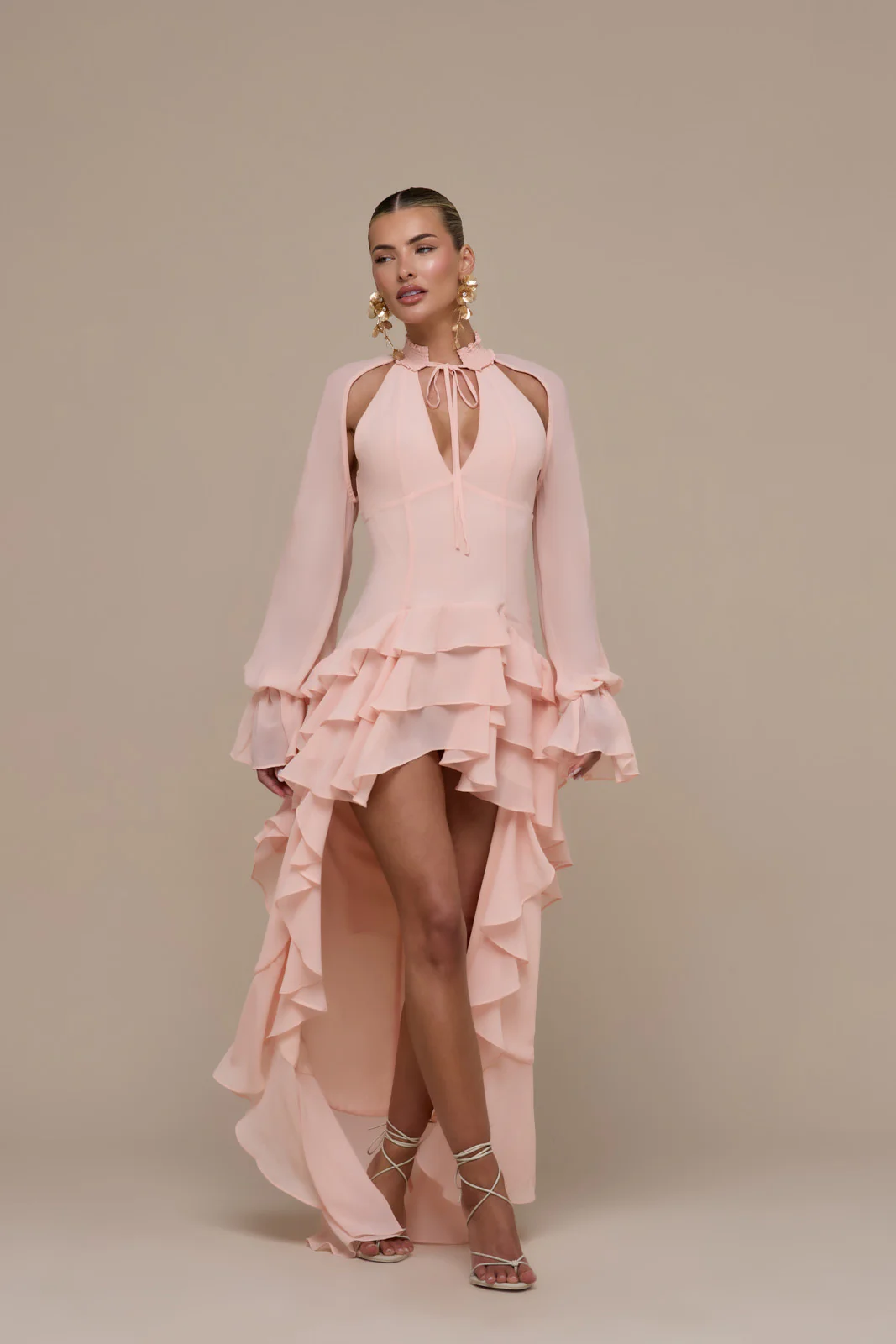 FLEUR LONG SLEEVE TIERED RUFFLE MINI DRESS | BABY PINK - Image 8