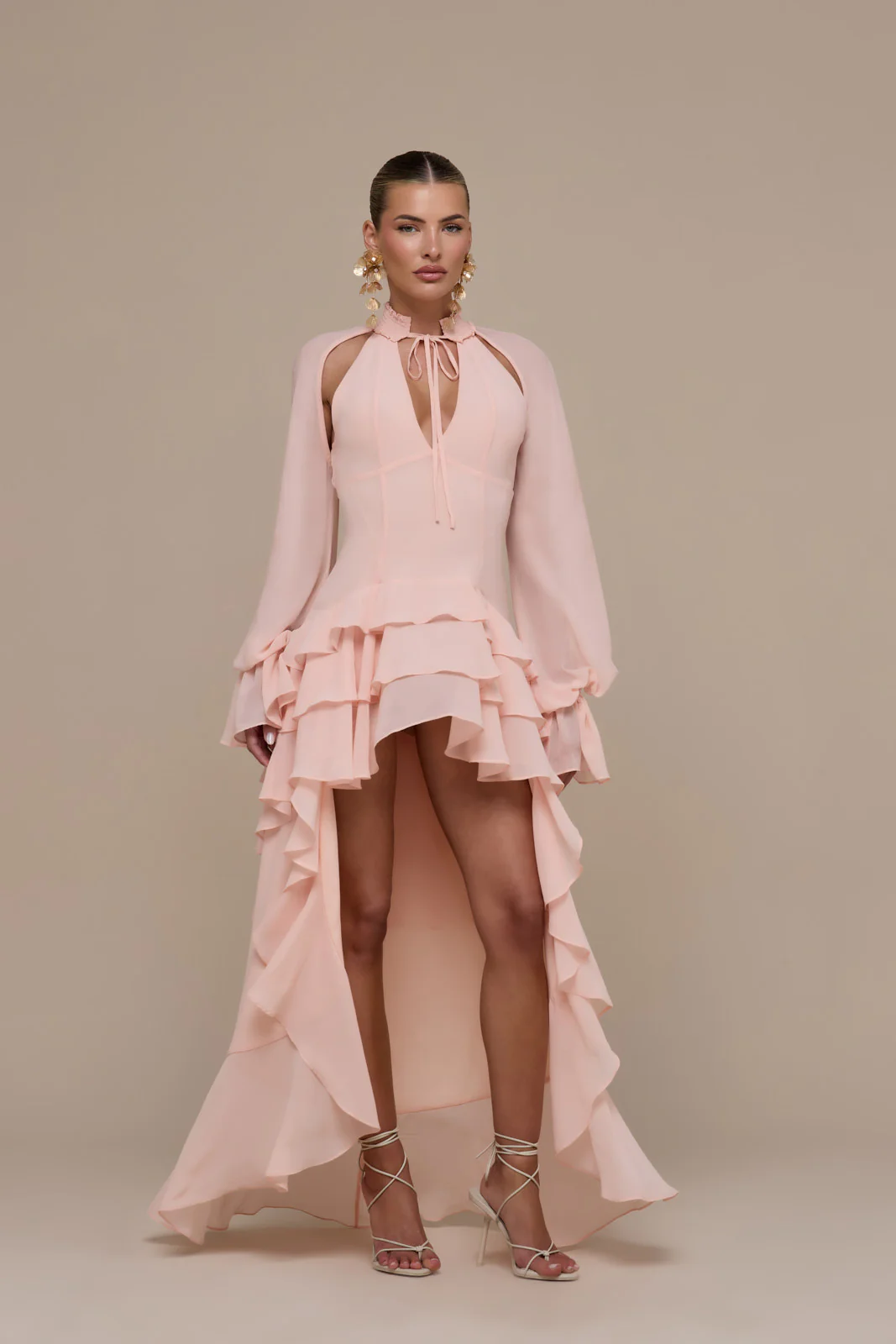 FLEUR LONG SLEEVE TIERED RUFFLE MINI DRESS | BABY PINK - Image 9