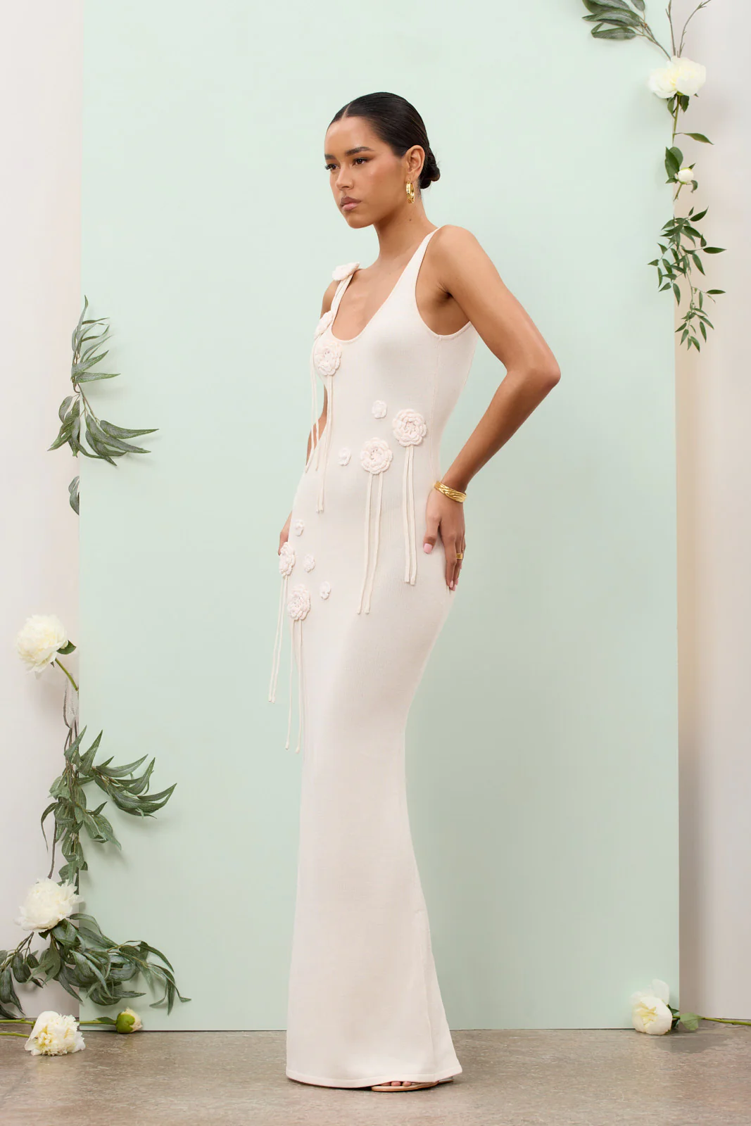 LILLY KNITTED MAXI DRESS WITH CROCHET FLOWER DETAIL | VANILLA - SALE - Image 11