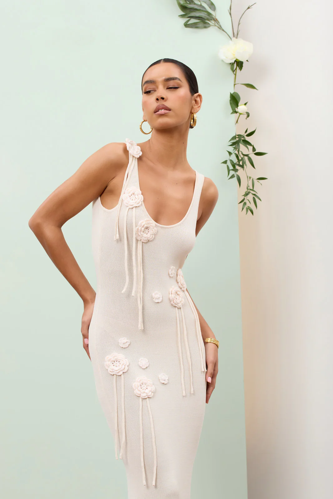 LILLY KNITTED MAXI DRESS WITH CROCHET FLOWER DETAIL | VANILLA - SALE - Image 24