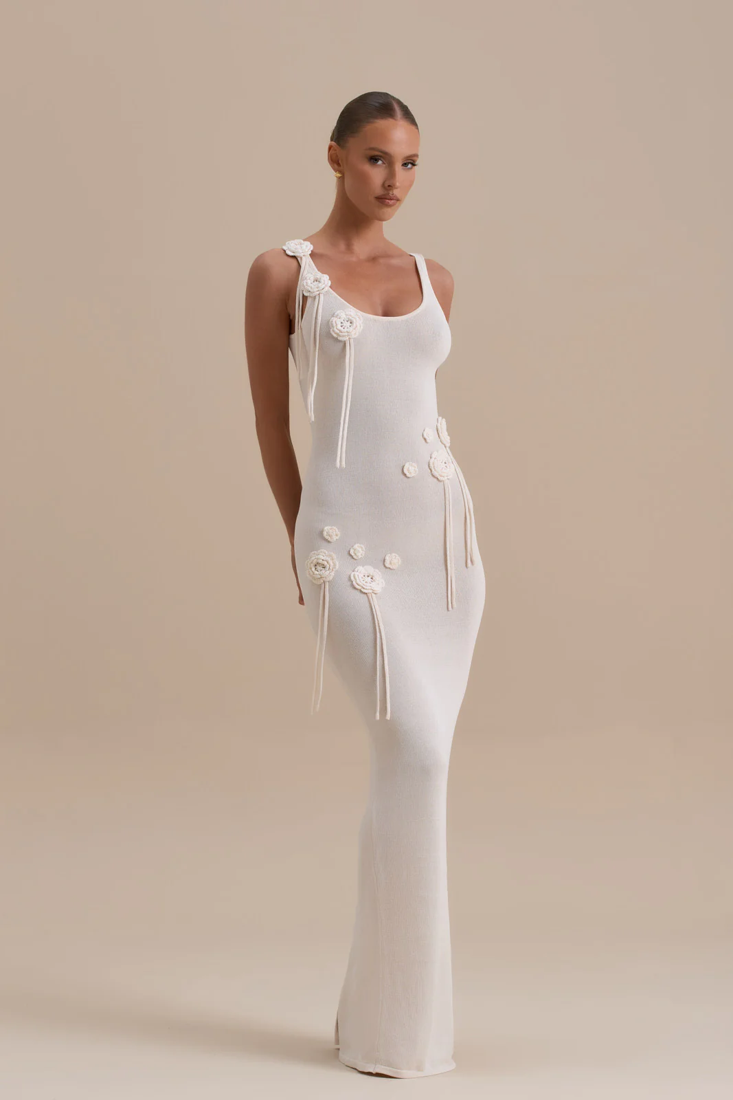LILLY KNITTED MAXI DRESS WITH CROCHET FLOWER DETAIL | VANILLA - SALE - Image 3