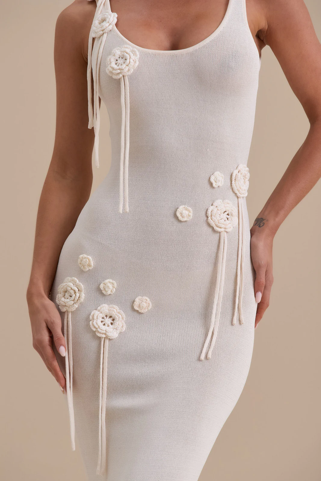 LILLY KNITTED MAXI DRESS WITH CROCHET FLOWER DETAIL | VANILLA - SALE - Image 6