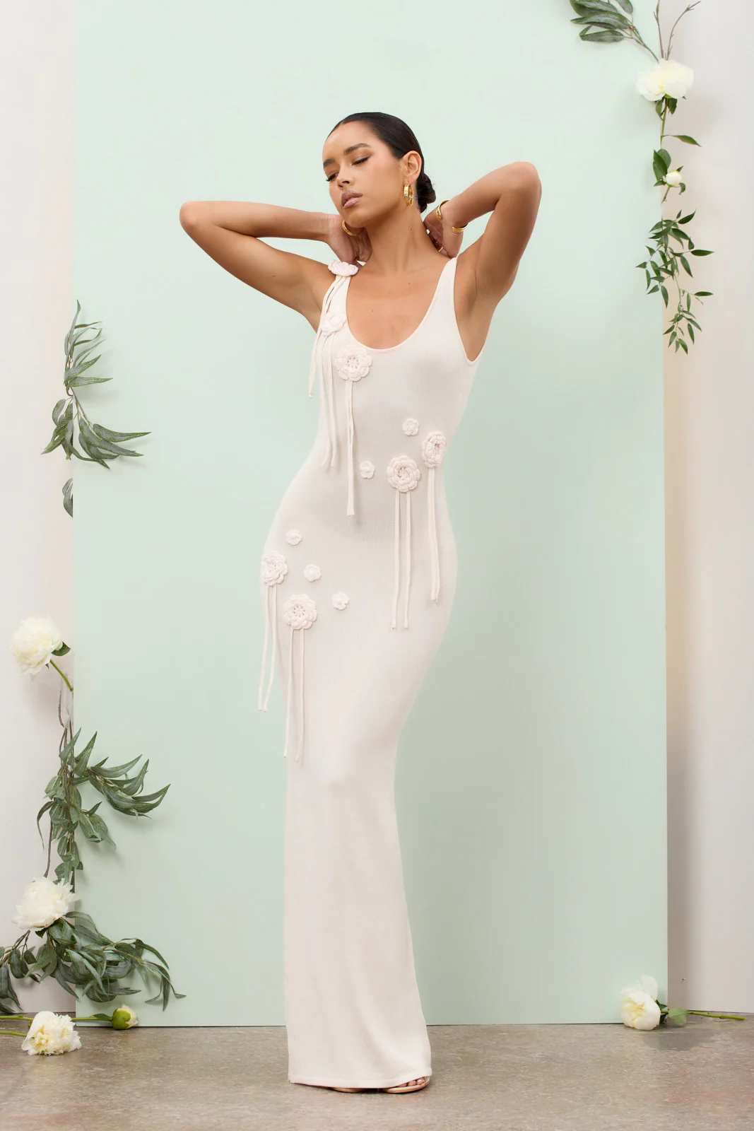LILLY KNITTED MAXI DRESS WITH CROCHET FLOWER DETAIL | VANILLA - SALE - Image 9
