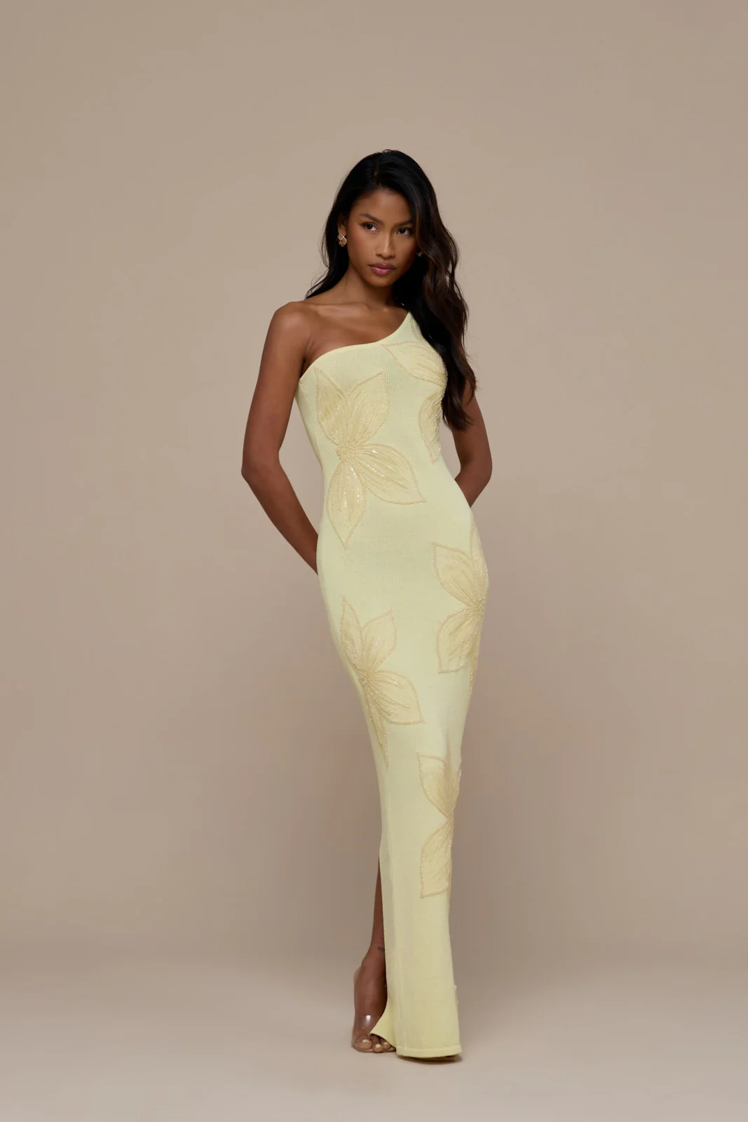 FLOSSIE KNITTED MAXI DRESS WITH BEADED FLORAL DETAIL | LEMON