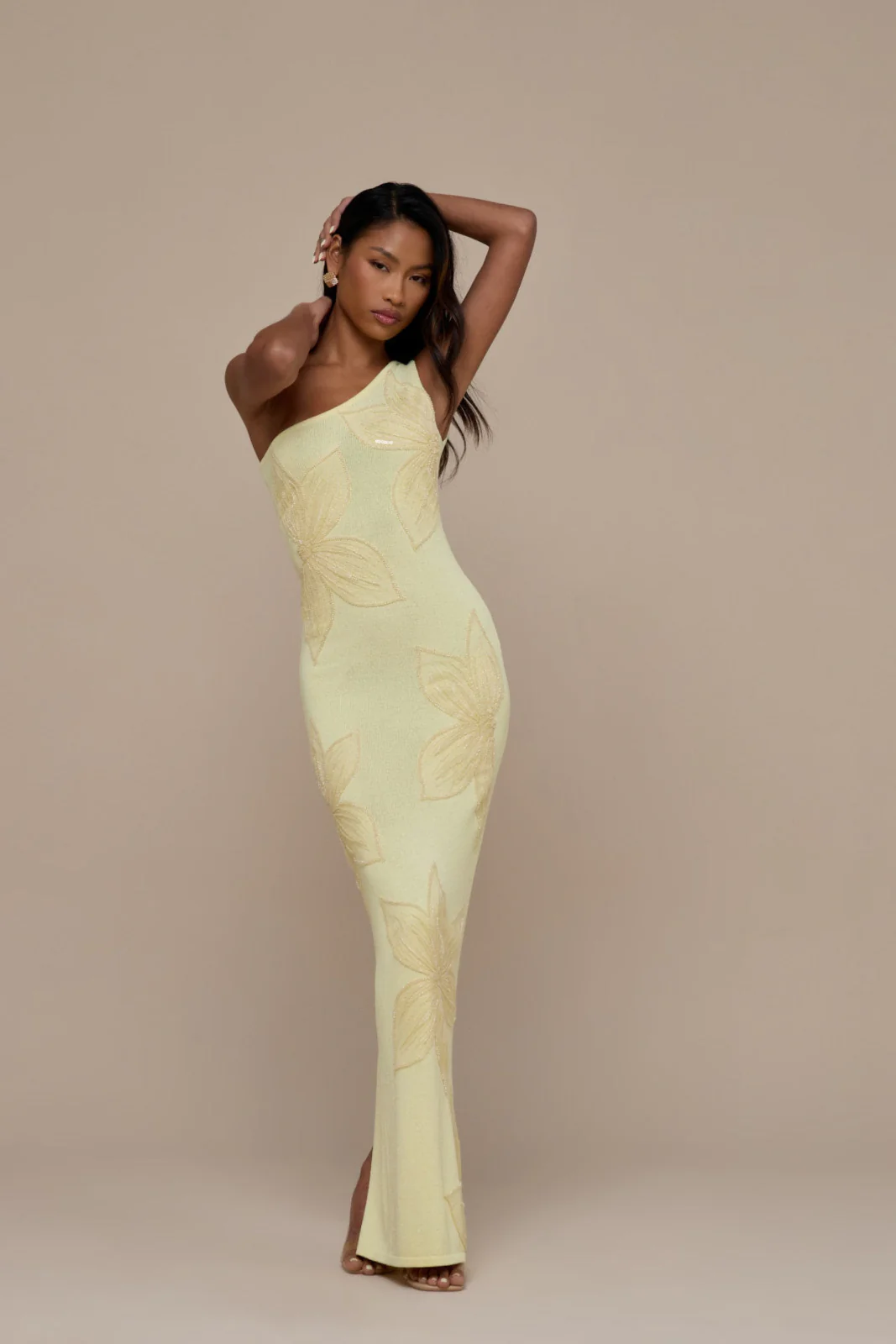 FLOSSIE KNITTED MAXI DRESS WITH BEADED FLORAL DETAIL | LEMON - Image 10