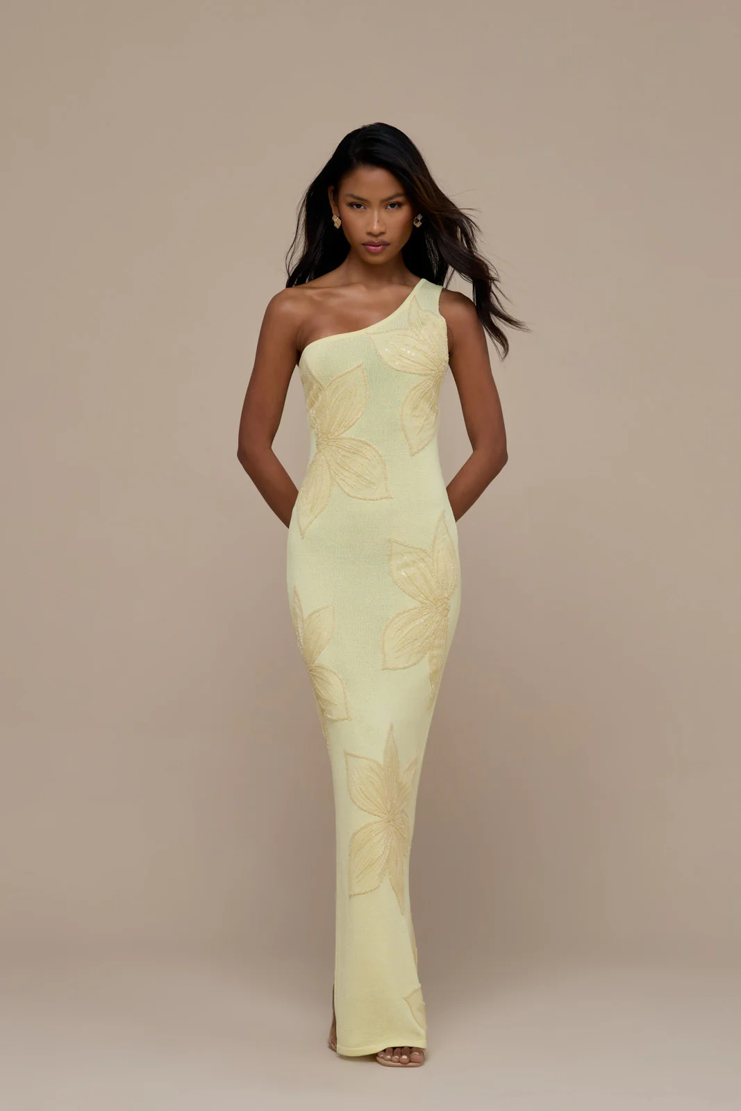 FLOSSIE KNITTED MAXI DRESS WITH BEADED FLORAL DETAIL | LEMON - Image 11
