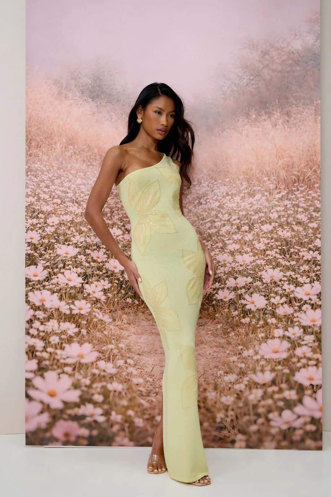 FLOSSIE KNITTED MAXI DRESS WITH BEADED FLORAL DETAIL | LEMON - Image 2