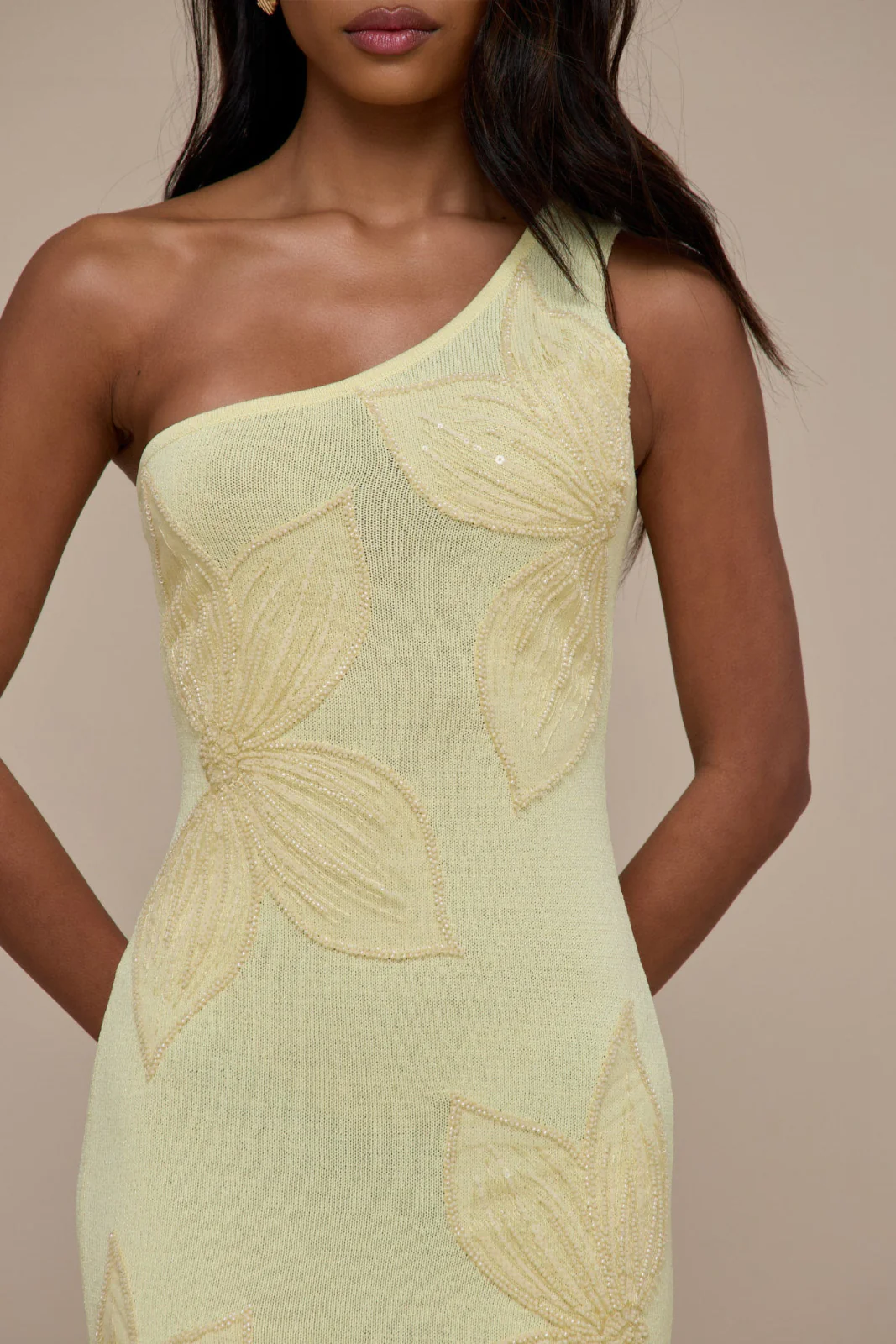 FLOSSIE KNITTED MAXI DRESS WITH BEADED FLORAL DETAIL | LEMON - Image 3