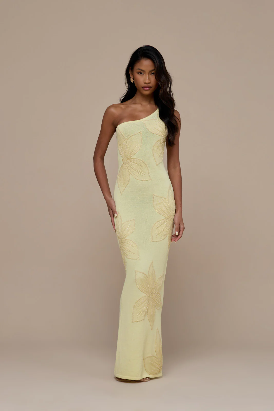 FLOSSIE KNITTED MAXI DRESS WITH BEADED FLORAL DETAIL | LEMON - Image 5