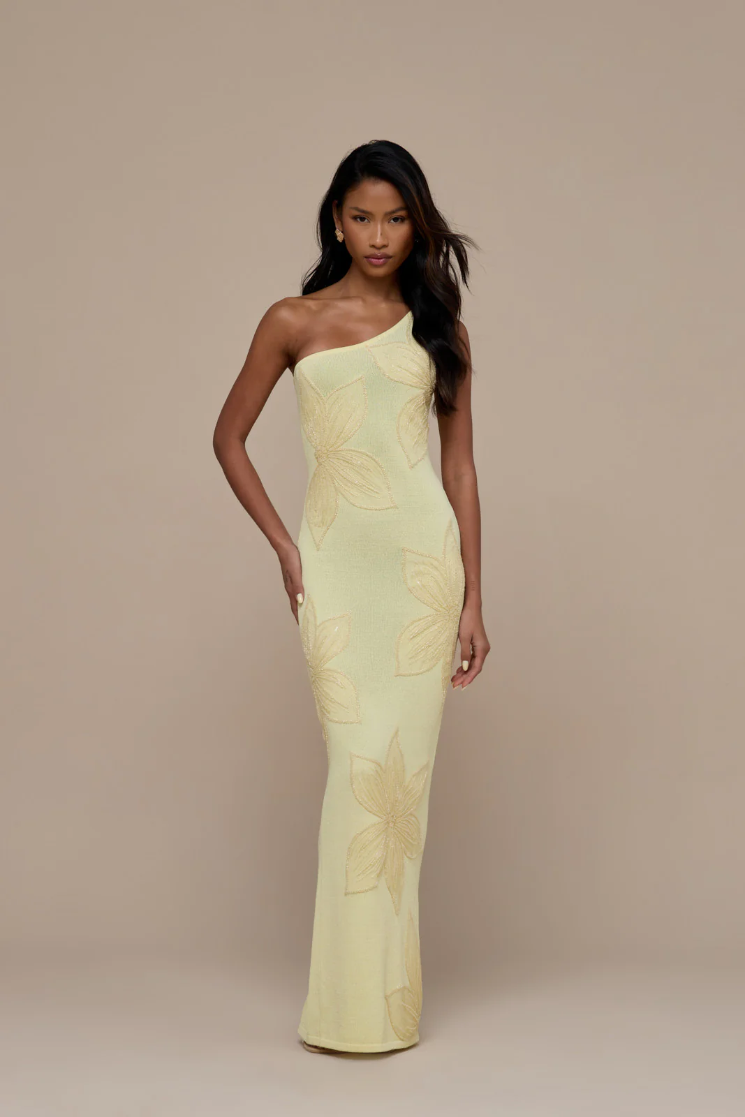 FLOSSIE KNITTED MAXI DRESS WITH BEADED FLORAL DETAIL | LEMON - Image 6