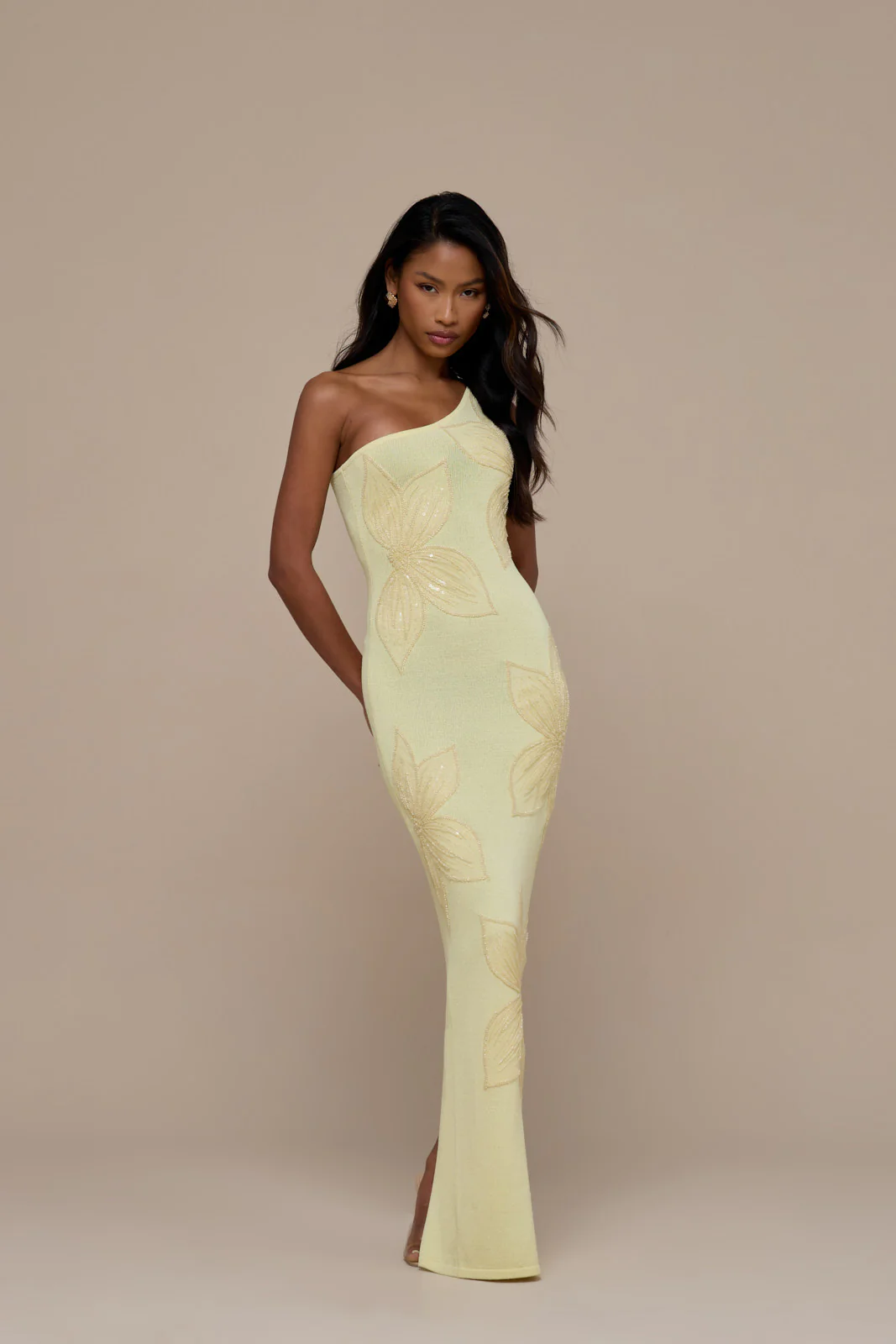 FLOSSIE KNITTED MAXI DRESS WITH BEADED FLORAL DETAIL | LEMON - Image 7