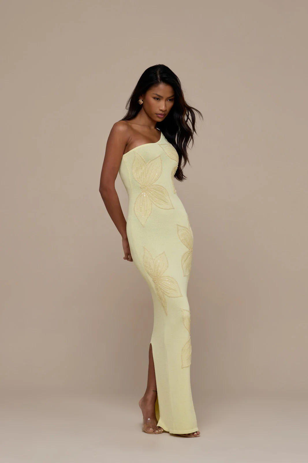 FLOSSIE KNITTED MAXI DRESS WITH BEADED FLORAL DETAIL | LEMON - Image 8