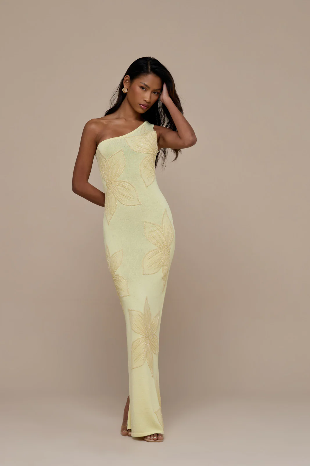 FLOSSIE KNITTED MAXI DRESS WITH BEADED FLORAL DETAIL | LEMON - Image 9