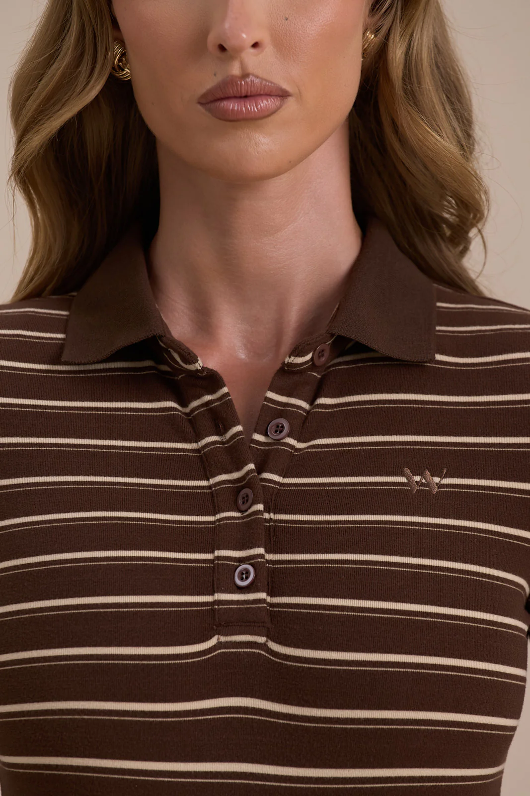 FRANKIE LONG SLEEVE POLO TOP | CHOCOLATE STRIPE - Image 3