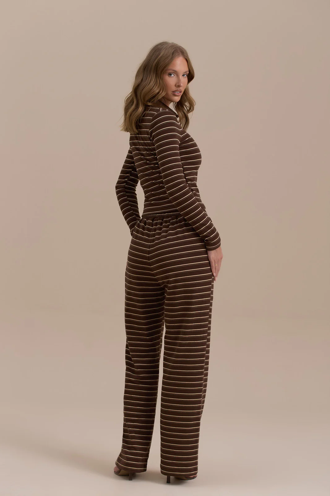 FRANKIE LONG SLEEVE POLO TOP | CHOCOLATE STRIPE - Image 5