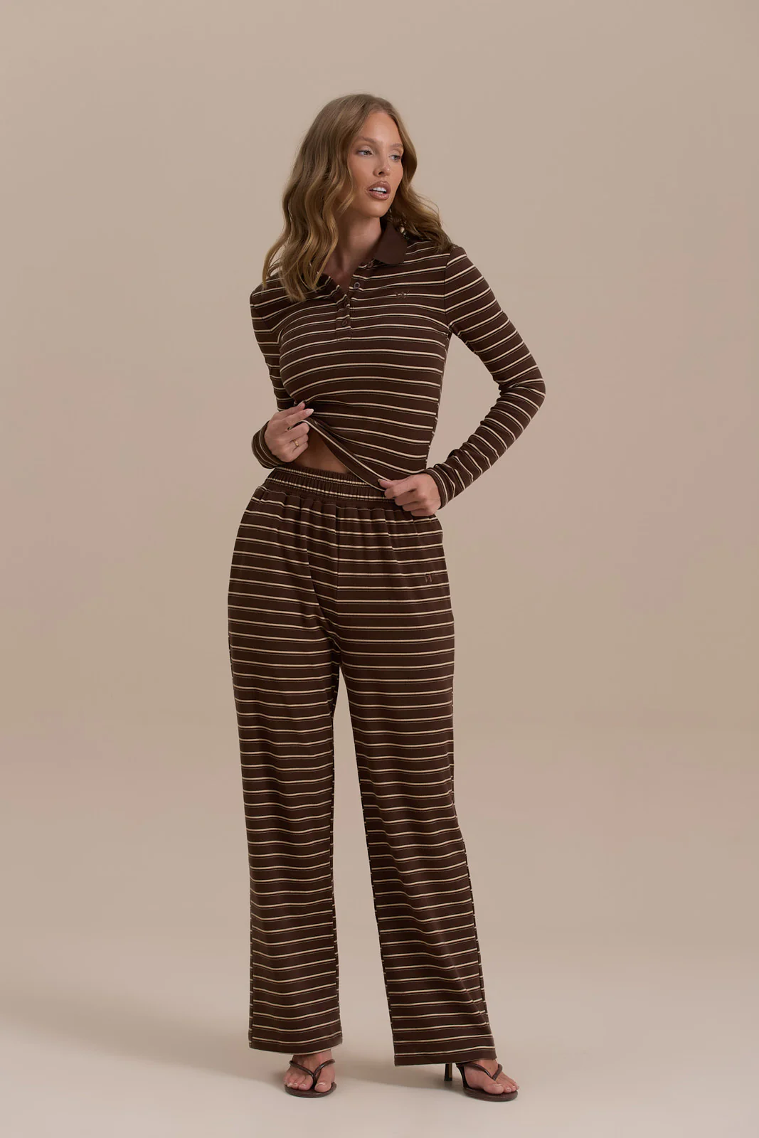 FRANKIE LONG SLEEVE POLO TOP | CHOCOLATE STRIPE - Image 8