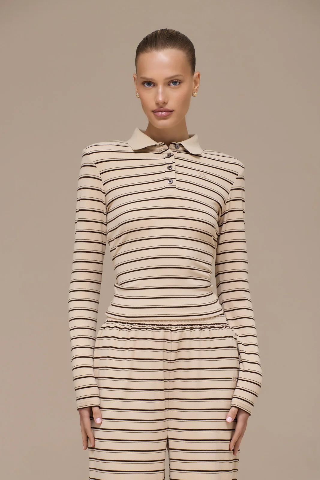 FRANKIE LONG SLEEVE POLO TOP | BEIGE STRIPE - SALE - Image 4