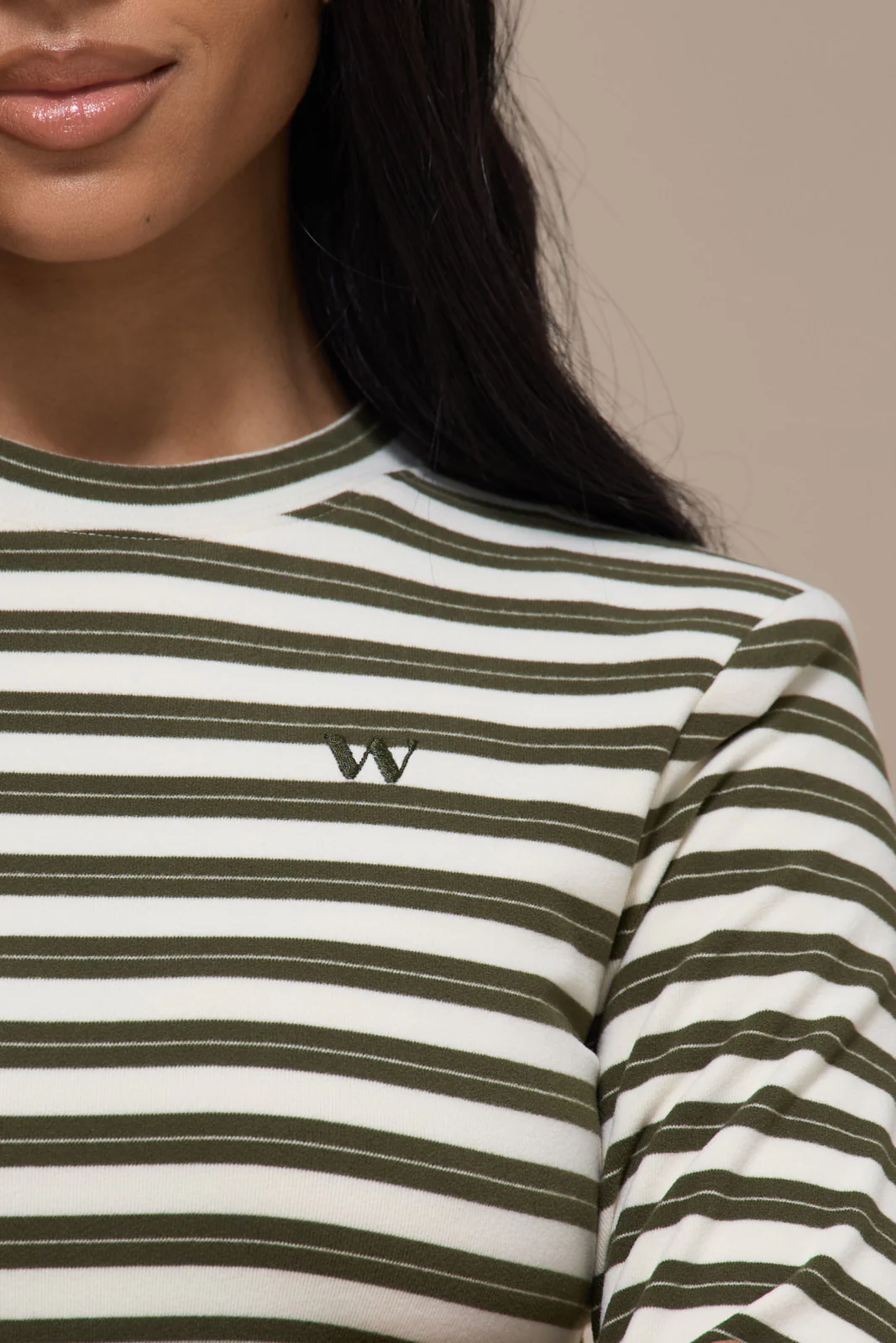 FRANKIE LONG SLEEVE ROUND NECK TOP | CREAM & KHAKI STRIPE - Image 3