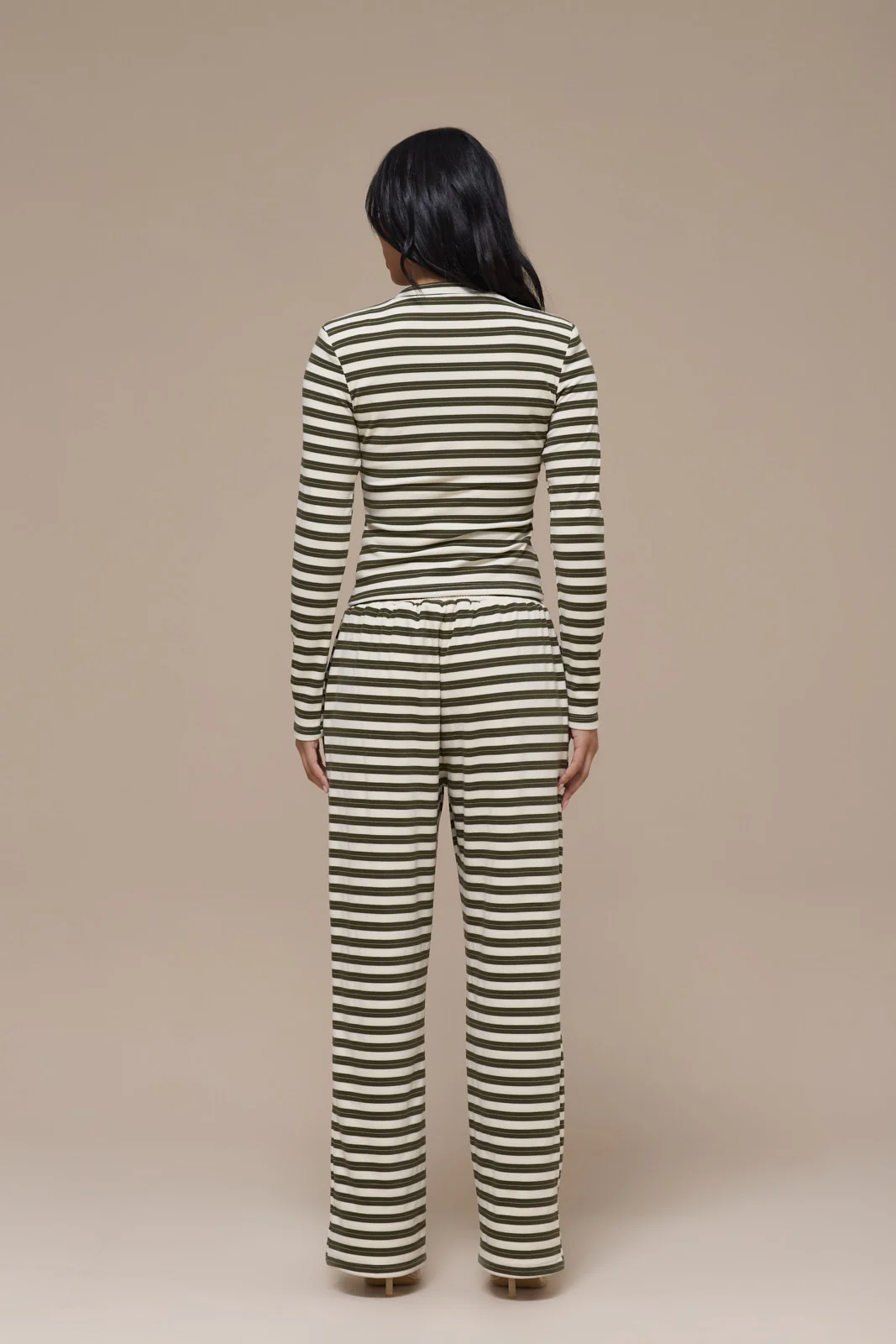 FRANKIE LONG SLEEVE ROUND NECK TOP | CREAM & KHAKI STRIPE - Image 4