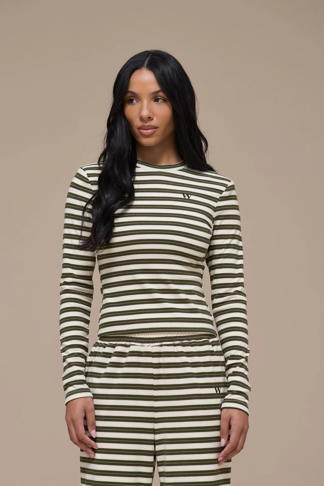 FRANKIE LONG SLEEVE ROUND NECK TOP | CREAM & KHAKI STRIPE - Image 5