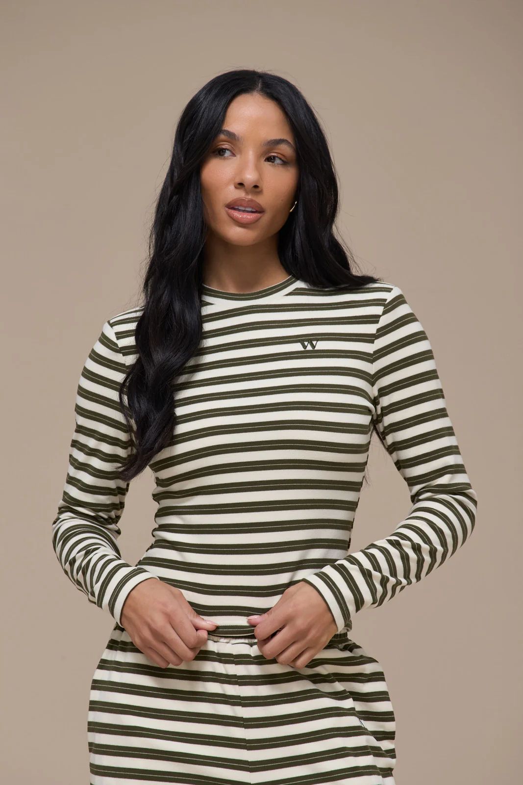 FRANKIE LONG SLEEVE ROUND NECK TOP | CREAM & KHAKI STRIPE - Image 6