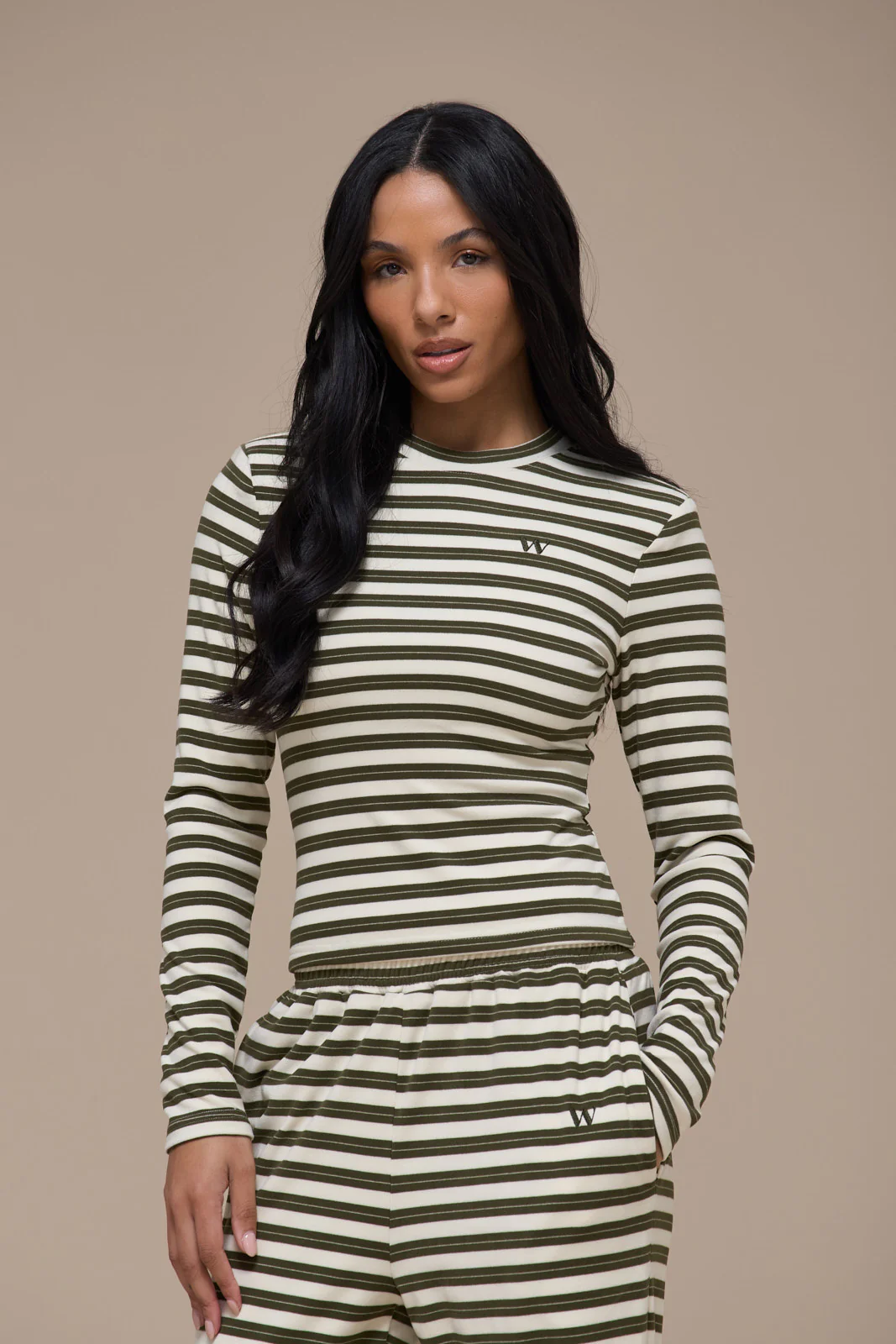 FRANKIE LONG SLEEVE ROUND NECK TOP | CREAM & KHAKI STRIPE - Image 7