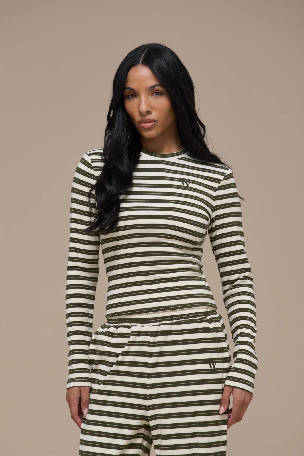 FRANKIE LONG SLEEVE ROUND NECK TOP | CREAM & KHAKI STRIPE - Image 8