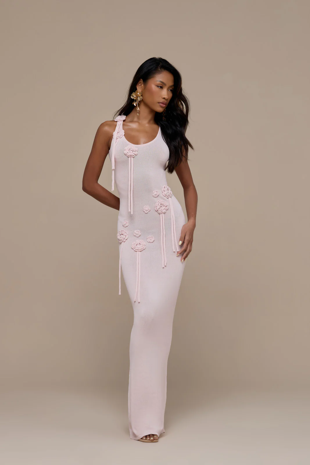 LILLY KNITTED MAXI DRESS WITH CROCHET FLOWER DETAIL | BABY PINK - Image 3
