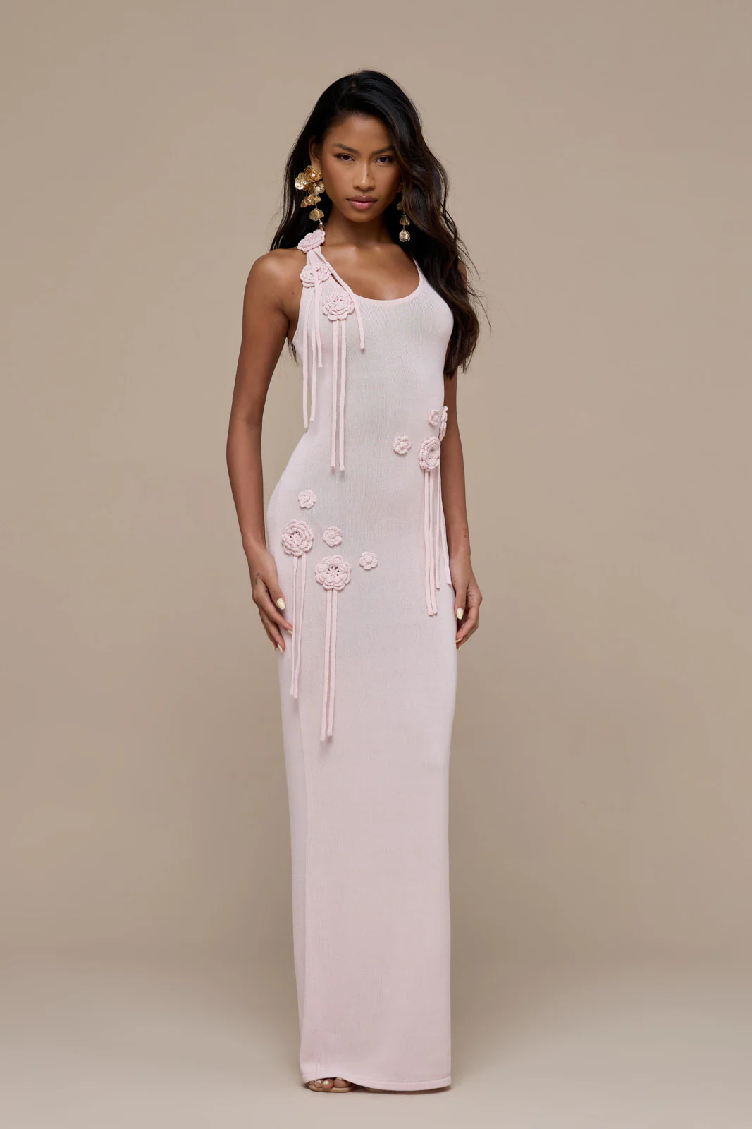 LILLY KNITTED MAXI DRESS WITH CROCHET FLOWER DETAIL | BABY PINK - Image 7