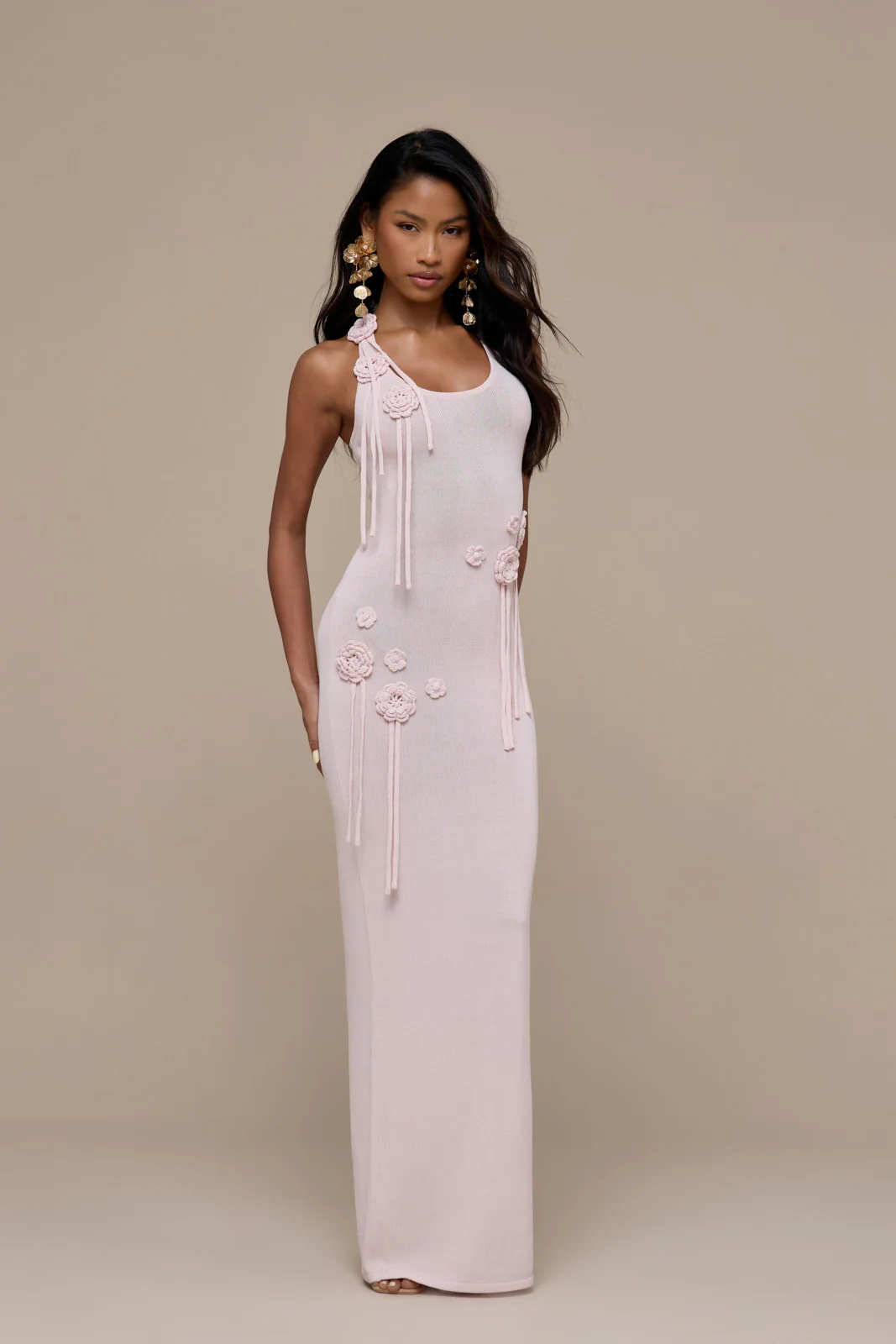 LILLY KNITTED MAXI DRESS WITH CROCHET FLOWER DETAIL | BABY PINK - Image 8
